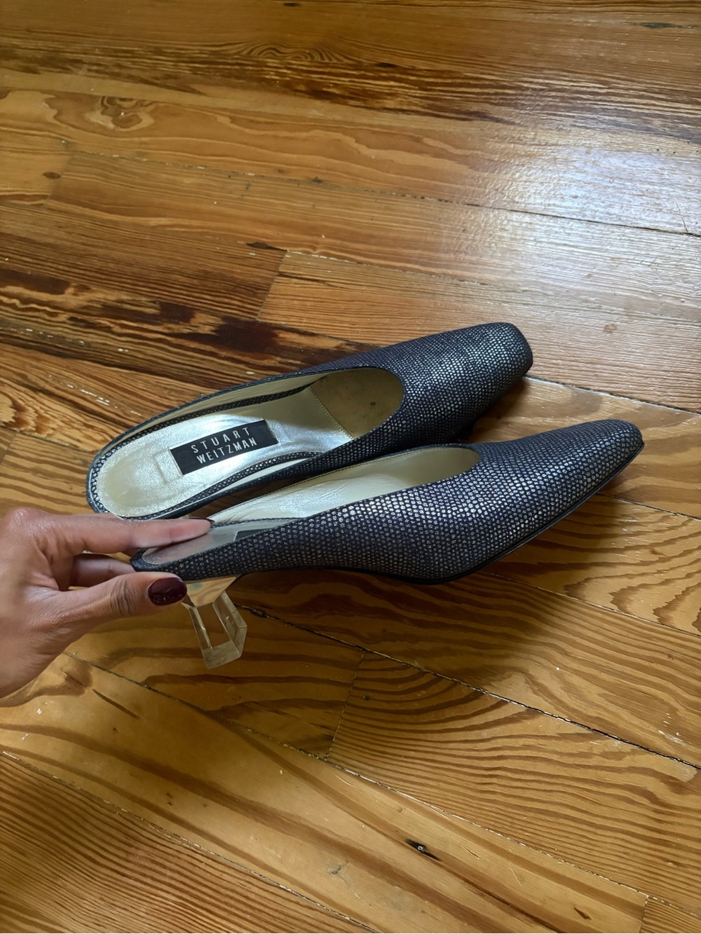 Stuart Weitzman Navy Blue Sparkle Mid-Heel Pumps
